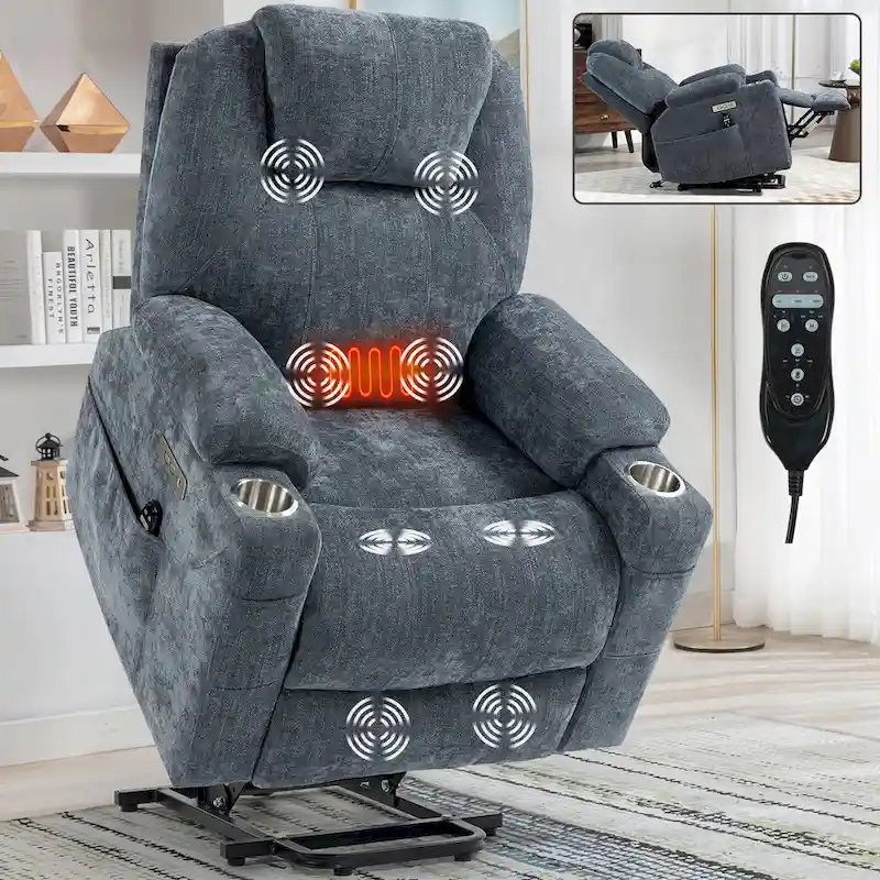 Blue Power Lift Recliner with 8-Point Massage, Heated Lumbar, Dual USB Ports, and Stainless Steel Cup Holders