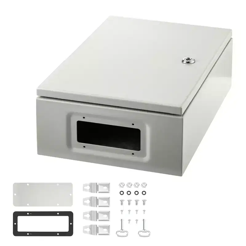 VEVOR Carbon Steel Electrical Box, 16x12x6 inches, Hinged Cover, IP66 Waterproof & Dust Resistant, Includes Mounting Plate, Gray-white