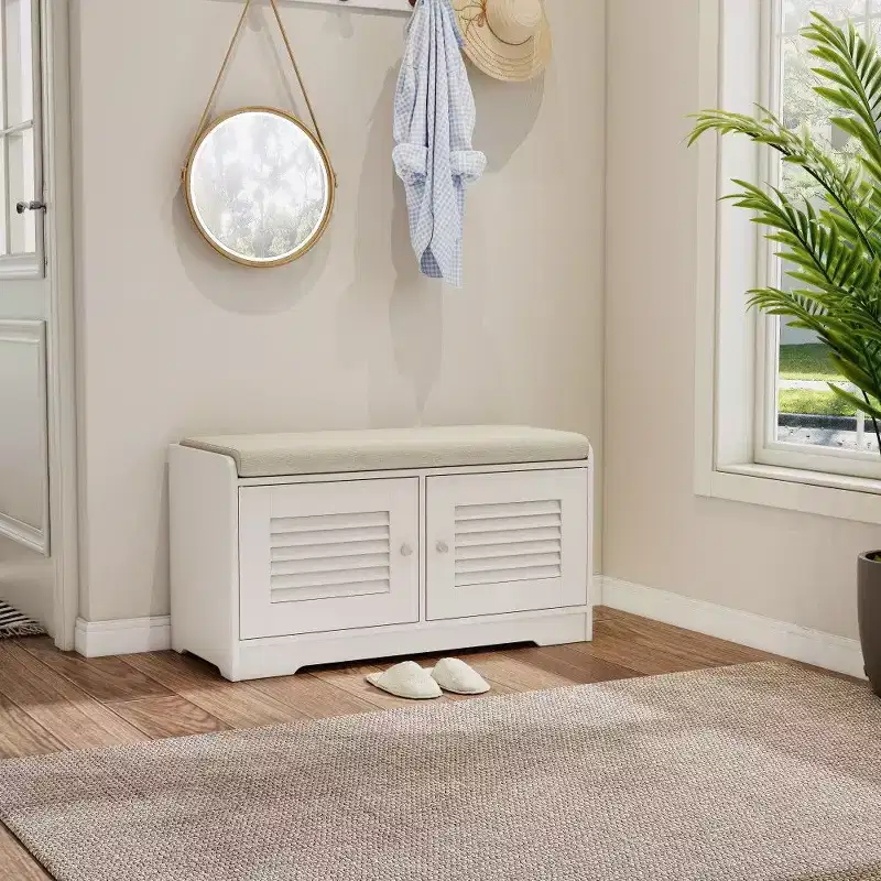 TUYOHW 28.74'' Shoe Storage Bench with 2 Door Cabinet,Entryway Bench with Adjustable Shelves & Removable Cushion,Shoe Rack for Hallway(3 colors)