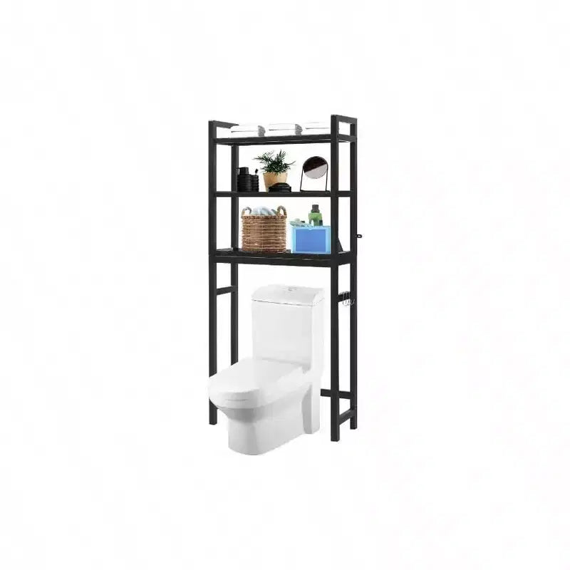 Over Toilet Storage Cabinet 3 Tier Shelf Stable Freestanding Black Bathroom Organizer with 3 Hooks 67 Inch H