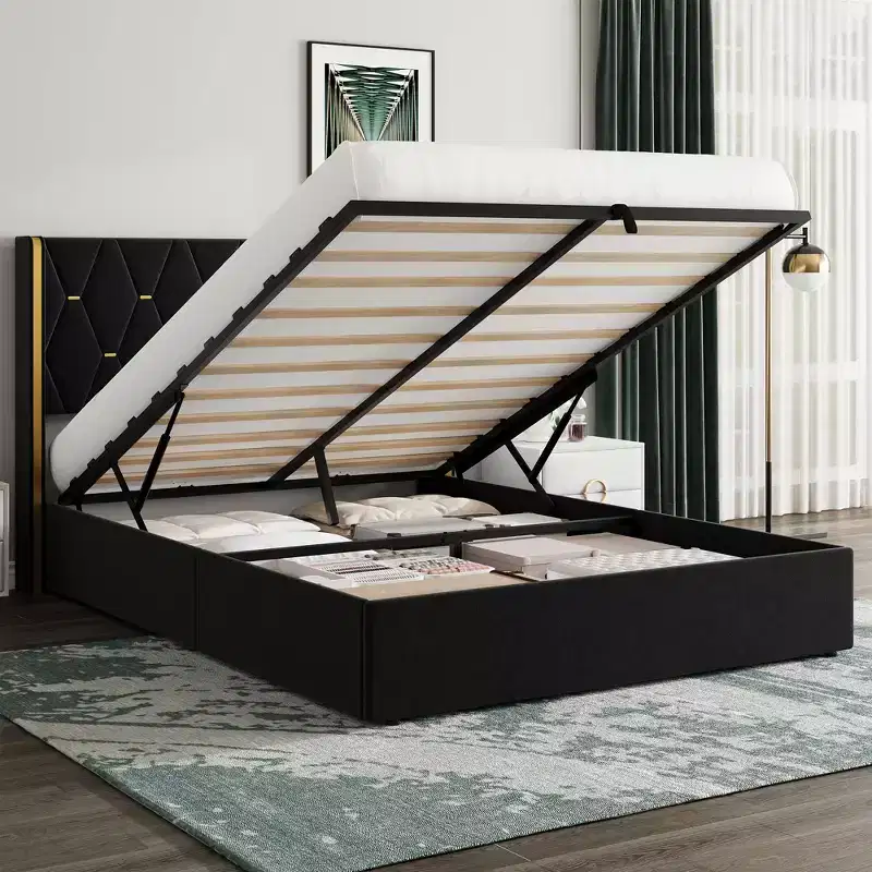 Queen Size Velvet Lift Up Storage Bed Frame, Hydrualic Underneath Storage, Upholstered Platform Bed, Wooden Slats Support, No Box Spring Needed