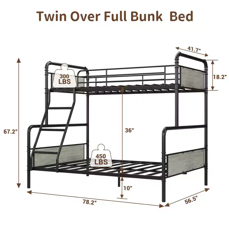 Wood-Grain Metal Twin Over Full Bunk Bed - Heavy Duty Steel Frame, High Guardrails for Safety, Space-Saving for Kids/Teens/Adults, Easy Assembly