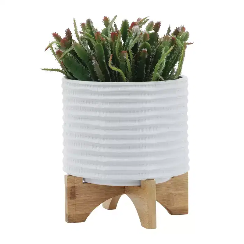 Okak Modern 8IN Flower Pots with Textured Carving, Succulent Pots with Cross Wooden Stand, Outdoor Planter for Tabletop and Window, White