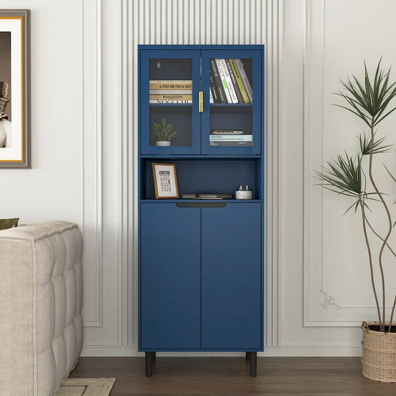 Tall Storage Show Cabinet with 2 Glass Display Door & 2 Doors, Tall Kitchen Pantry Cabinet with Gold Handles