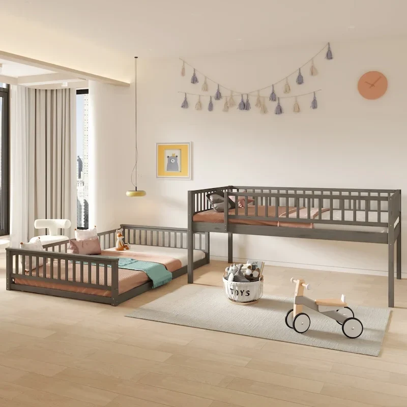 Gray / Walnut Full XL over Queen Bunk Bed with Ladder & Guardrails, 2-Person
