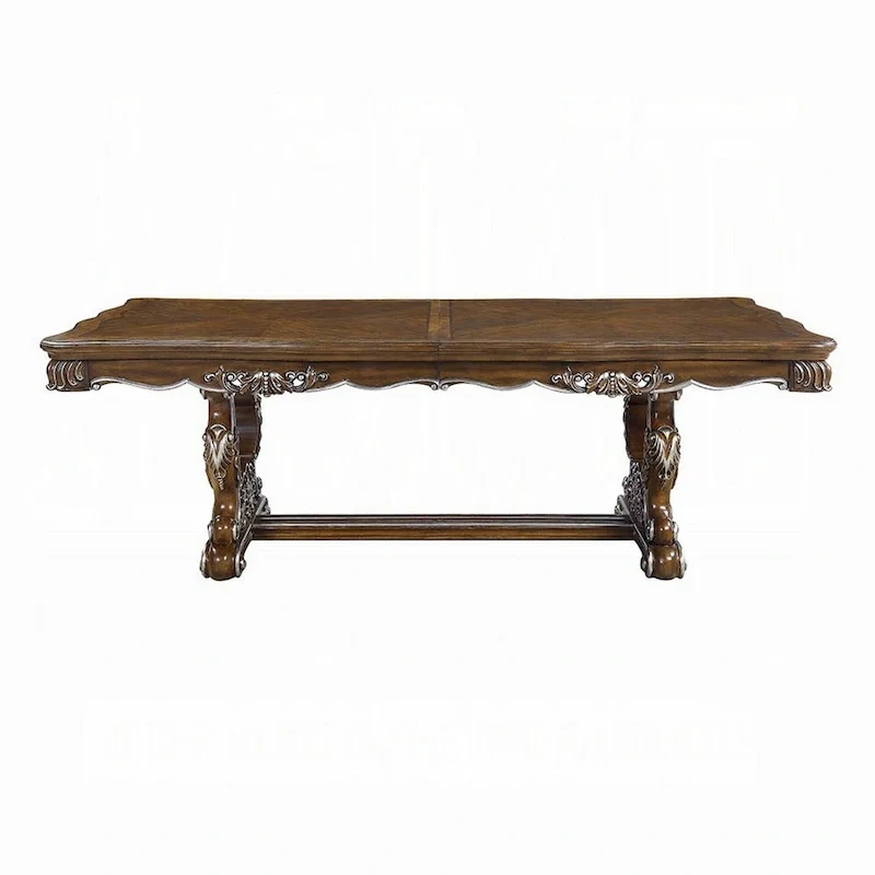 Extendable Dining Table with Carved Silver Trim, 90-114 Inch, Antique Oak