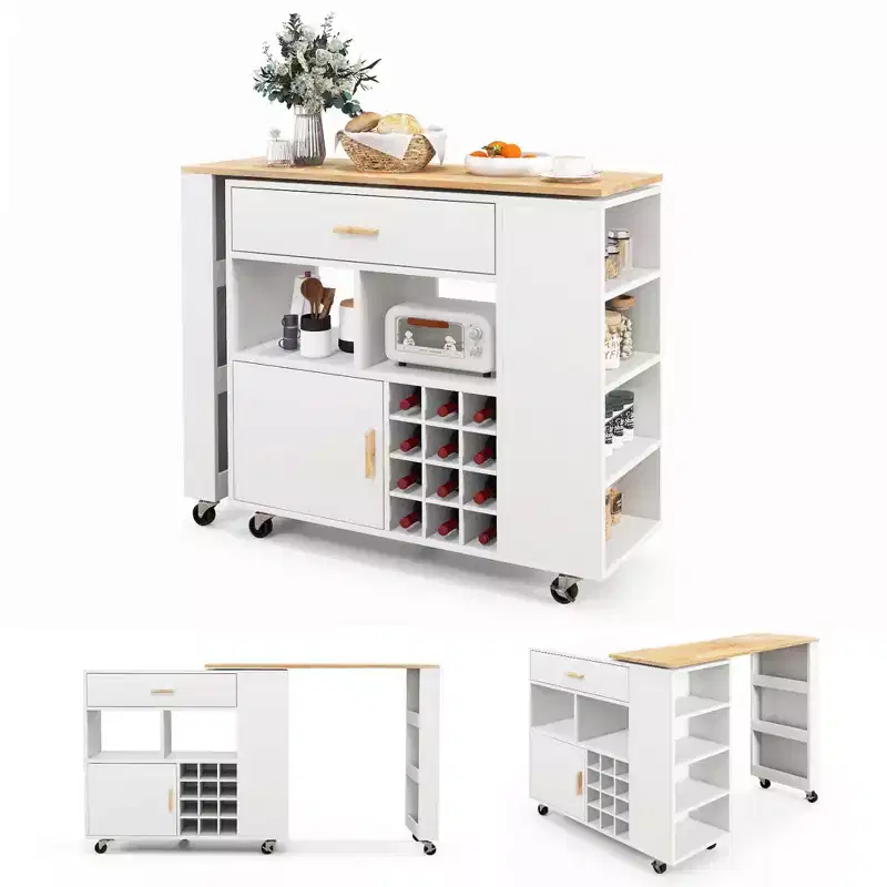 Costway Reversible Folding Kitchen Island Cart Utility Storage Trolley Wine Rack Shelves