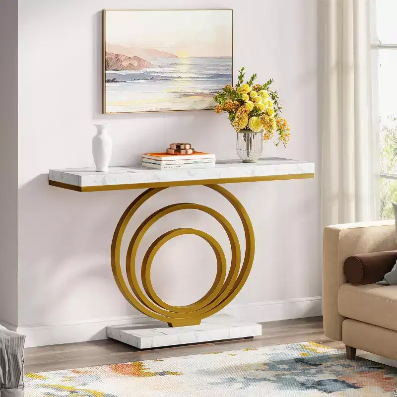41-Inch Gold Entryway Table with Faux Marble Veener Top, Modern Narrow Console Accent Table for Living Room, Hallway, Entrance.