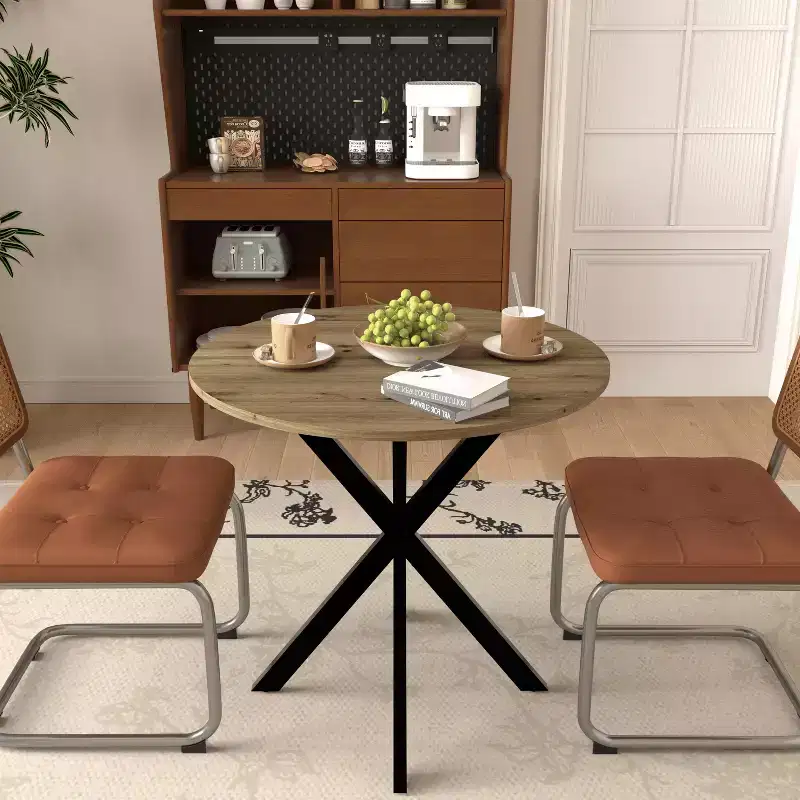 31.5 Round Kitchen Table, Rustic Brown MDF Top with Black Metal Legs, Freestanding Small Space Round Table for 24 People