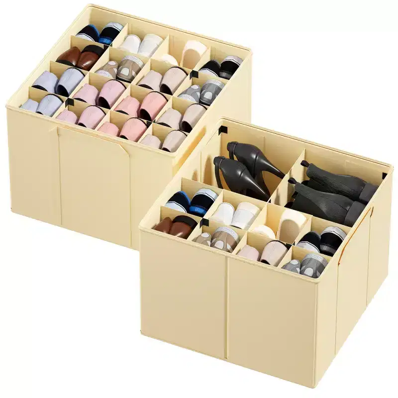 2 Pack Shoe Storage Organizer for closet, a set of 2 foldable shoe storage containers with adjustable dividers-SpaceAid