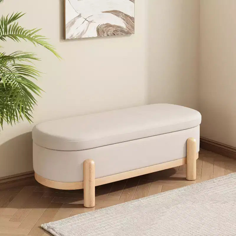 Modern Upholstered Storage Oval Ottoman with Solid Wood Legs