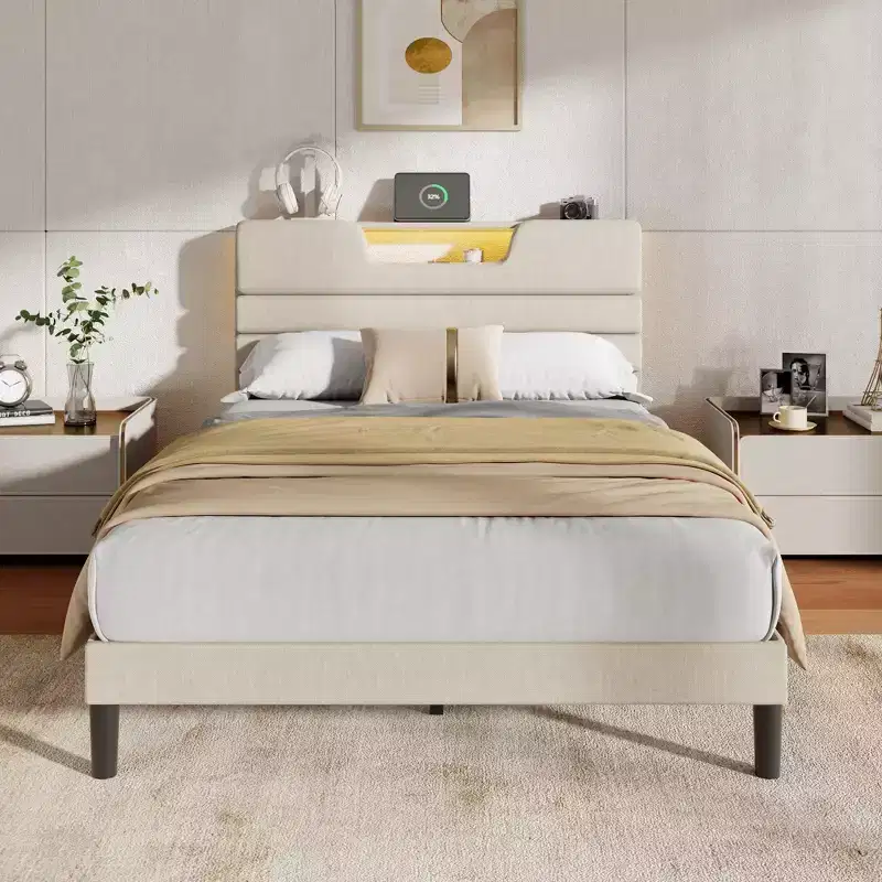 Full Size Platform Bed Frame with Storage Headboard LED Lights Charging Station Beige Upholstered USB Wood Slats Support No Box Spring Needed