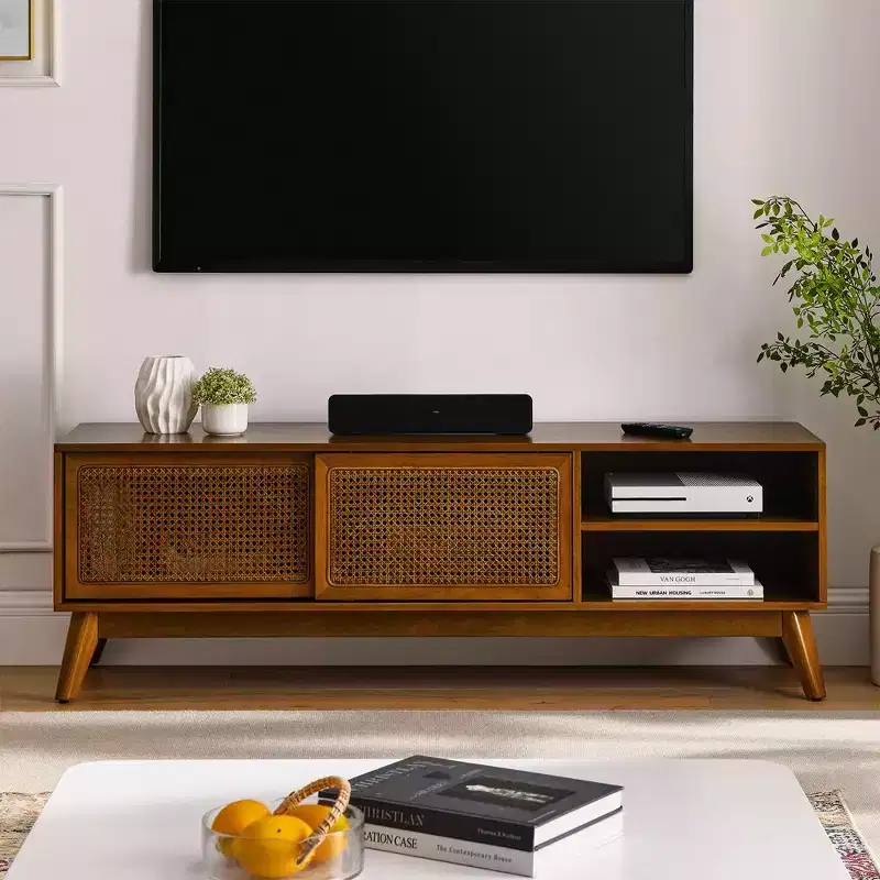 Modern Rattan TV Stand For TV Up To 65 Inch Entertainment Center Media Console Cabinet With Sliding Door,abstract,Light Wood,59in,4.92ft