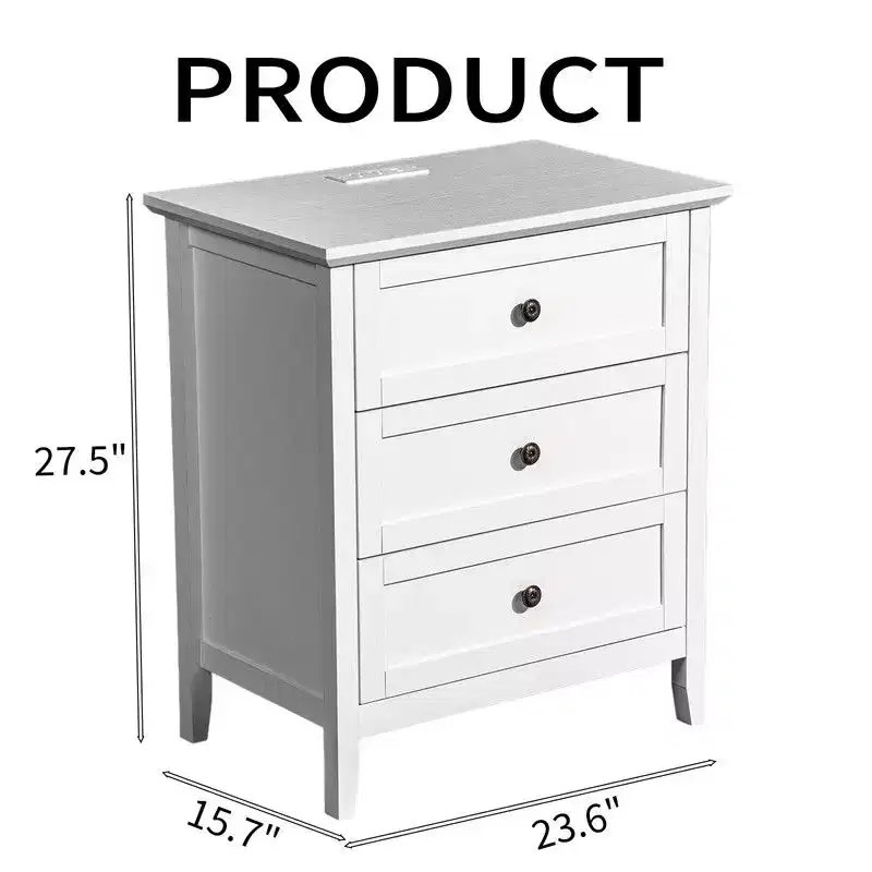 White 3-Drawer Nightstand with USB & Type-C Charging Outlets