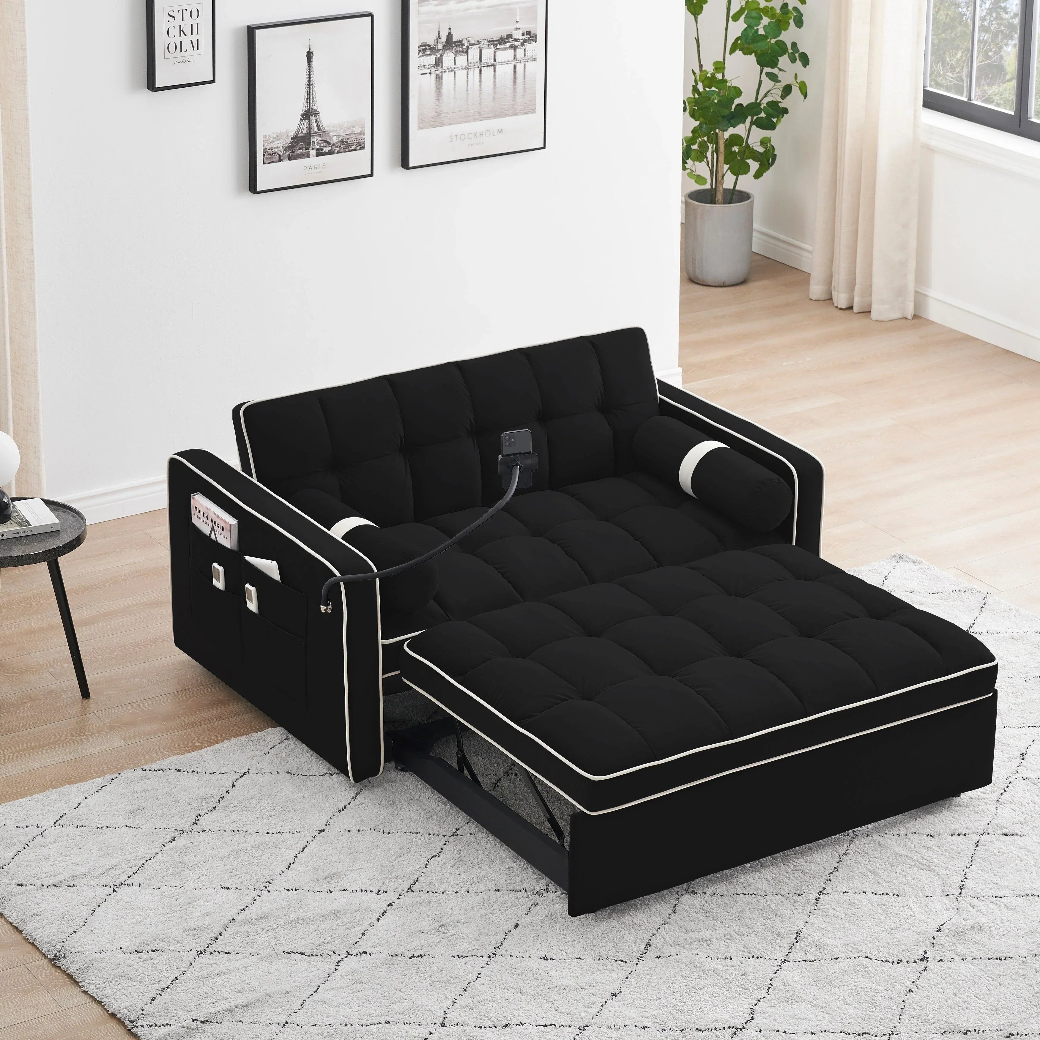 Velvet Convertible 55'' 2-Seater Sleeper Sofa with Pull-Out Bed, Adjustable Recline, Side Pockets, and Phone Holder
