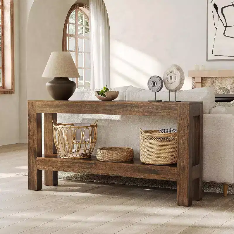 Lantine 63-Inch Wood Entryway Table, Long Farmhouse Narrow Console Table with 2-Tier Shelves for Living Room, Hallway, Behind Couch, Brown
