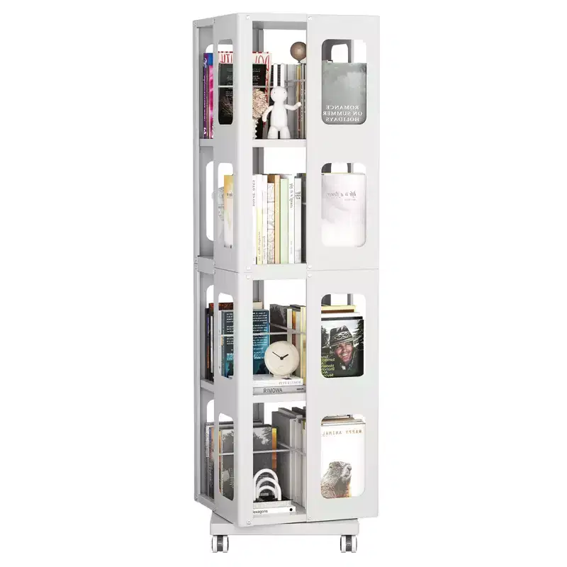 Okak All-Steel Rotating Bookshelf with 360Wheels, Storage Shelves with 4 Tiers, Storage Organizer for Living Room, Hallway, Office
