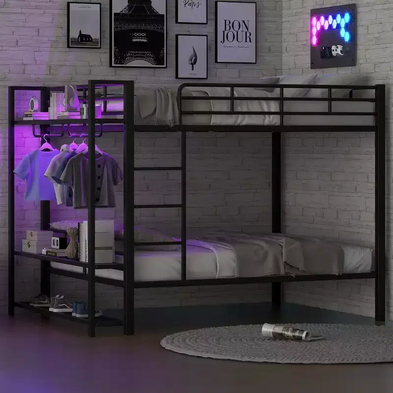Full Size Metal Bunk Bed with LED Light Strips, Open Storage Shelves and Hooks