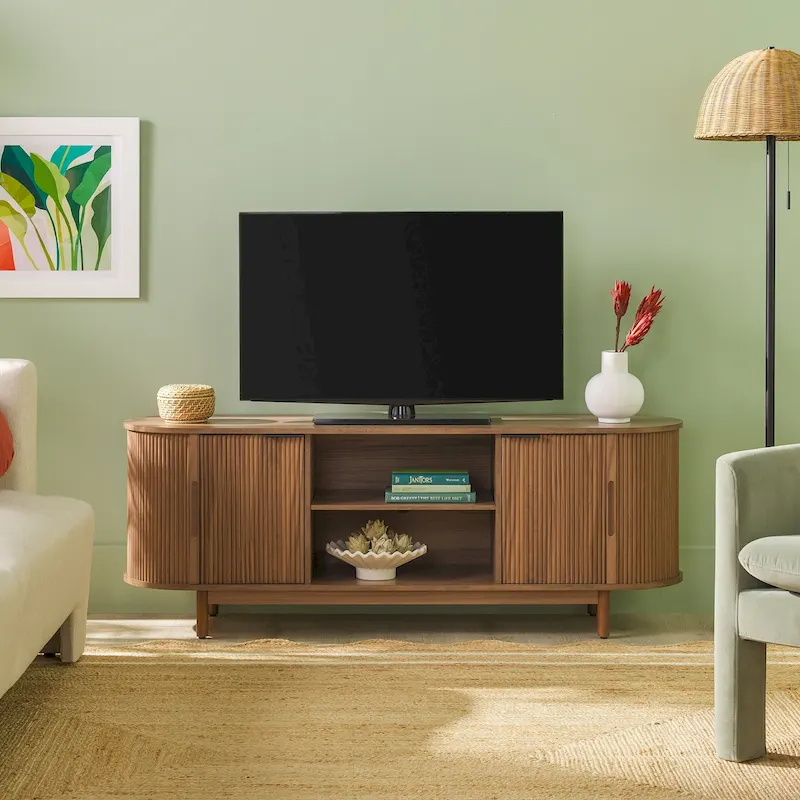 60" Reeded TV Stand with Rounded Edges, Modern Style, Media Storage Cabinet