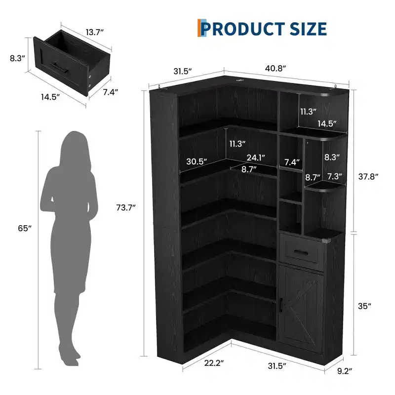 6-Tier L-Shaped Corner Bookcase with Open Shelves and Storage Drawer