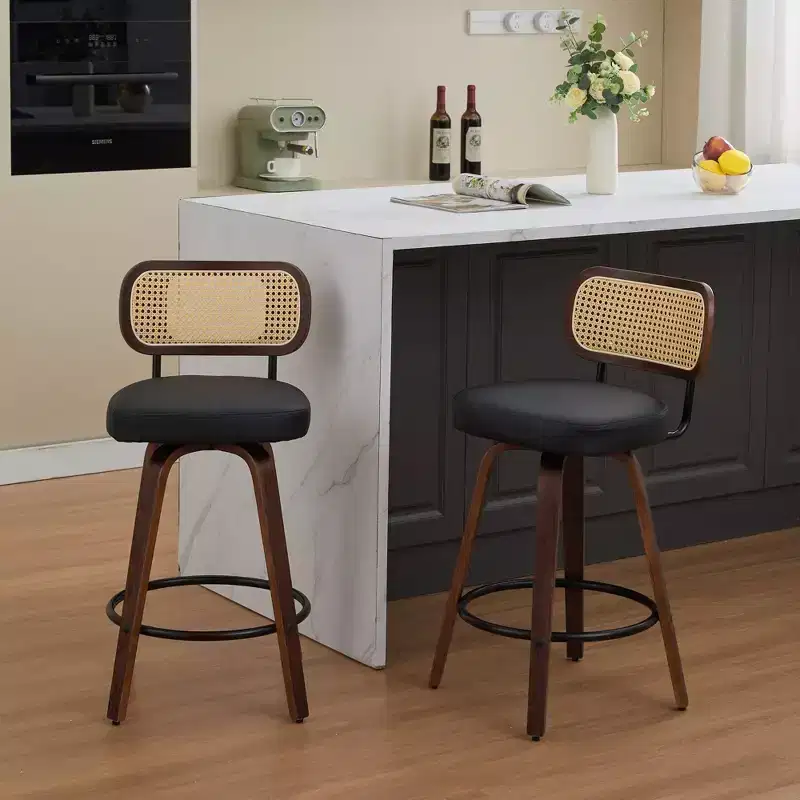 Set of 2 Rattan Counter Stools with Swivel Seat and Cane Back, 26'' Height