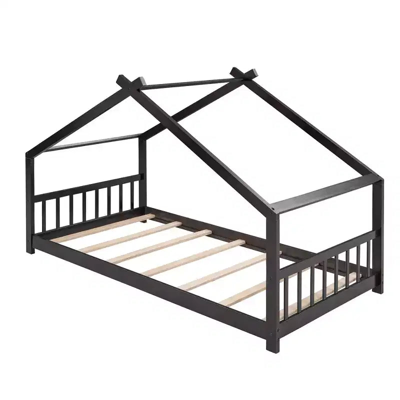 Twin Size House Bed Frame with Roof and Fence – Pine Wood, No Box Spring Needed