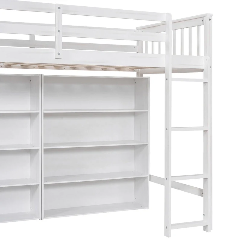 Twin Size Loft Bed with 8 Open Storage Shelves and Built-in Ladder