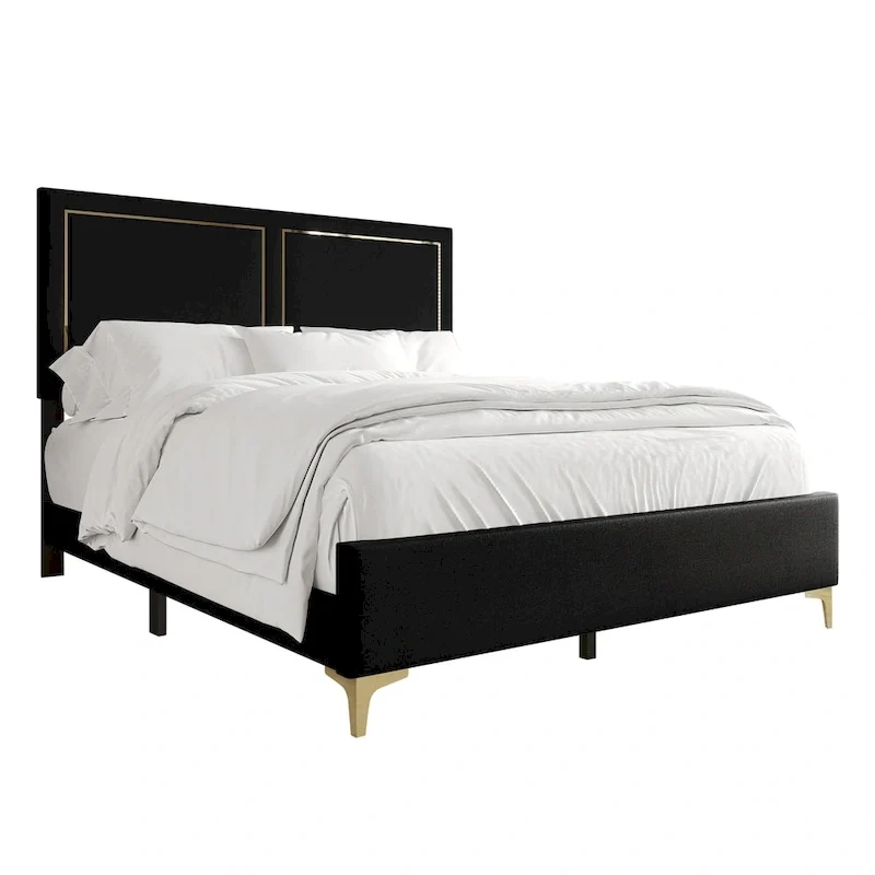 Minimalist Velvet Upholstered Bed with Gold Strip Detail
