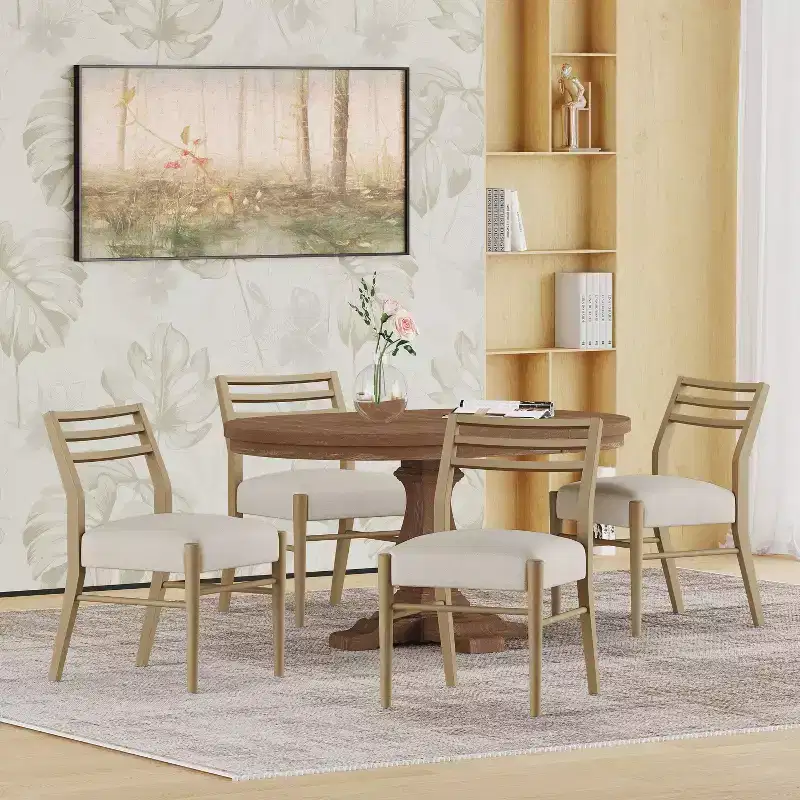 GDFStudio Alachua Farmhouse Fabric Upholstered Wood Expandable 5 Piece Dining Set