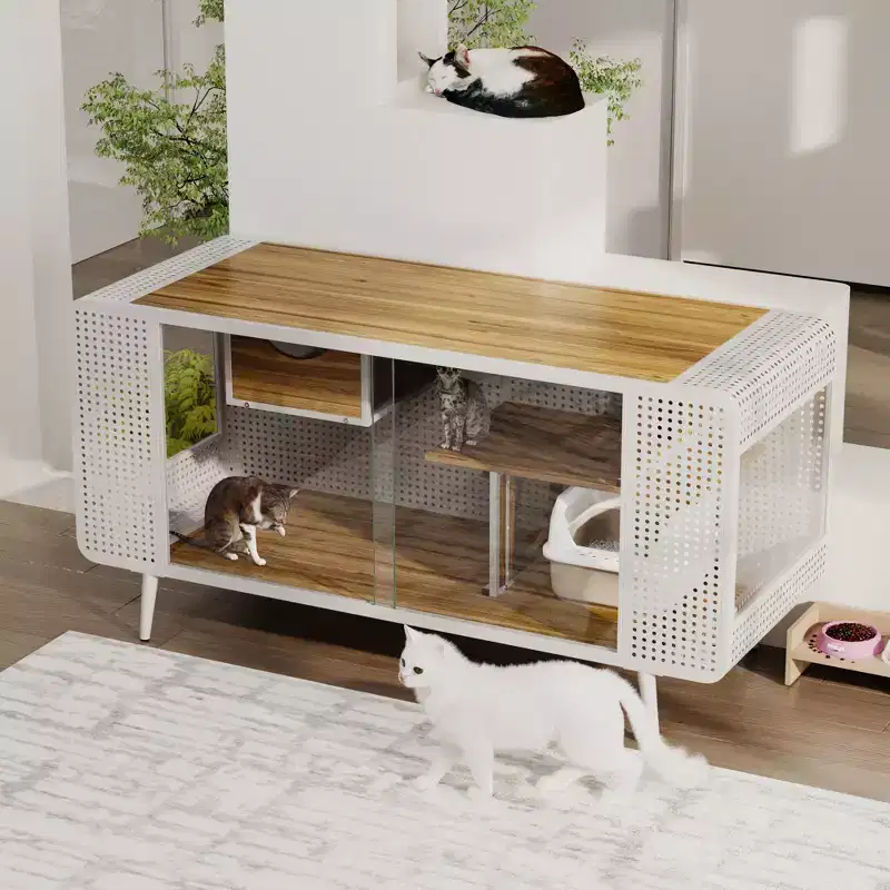JVNOXK 55.12-inch Spacious Cat House with Tempered Glass Door Shelf and Openwork Design, Suitable for Living Rooms and Hallways, White