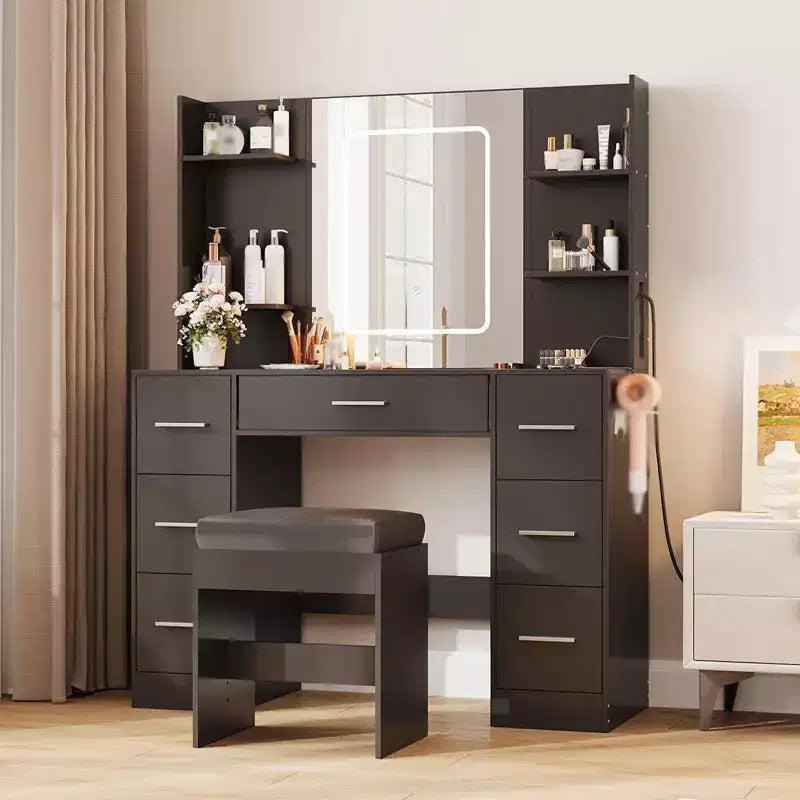 COZONY Vanity Desk with Lights, Mirror & Chair - Makeup Vanity Table with 7 Drawers, 6 Shelves & Adjustable Lighting
