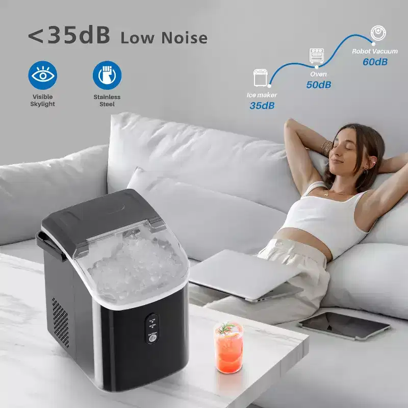 ZAFRO Nugget Ice Maker Countertop with Handle,35Lbs/24Hrs,7 Mins Fast Ice Making, Stainless Steel Pellet Ice Maker with Ice Basket/Ice Scoop