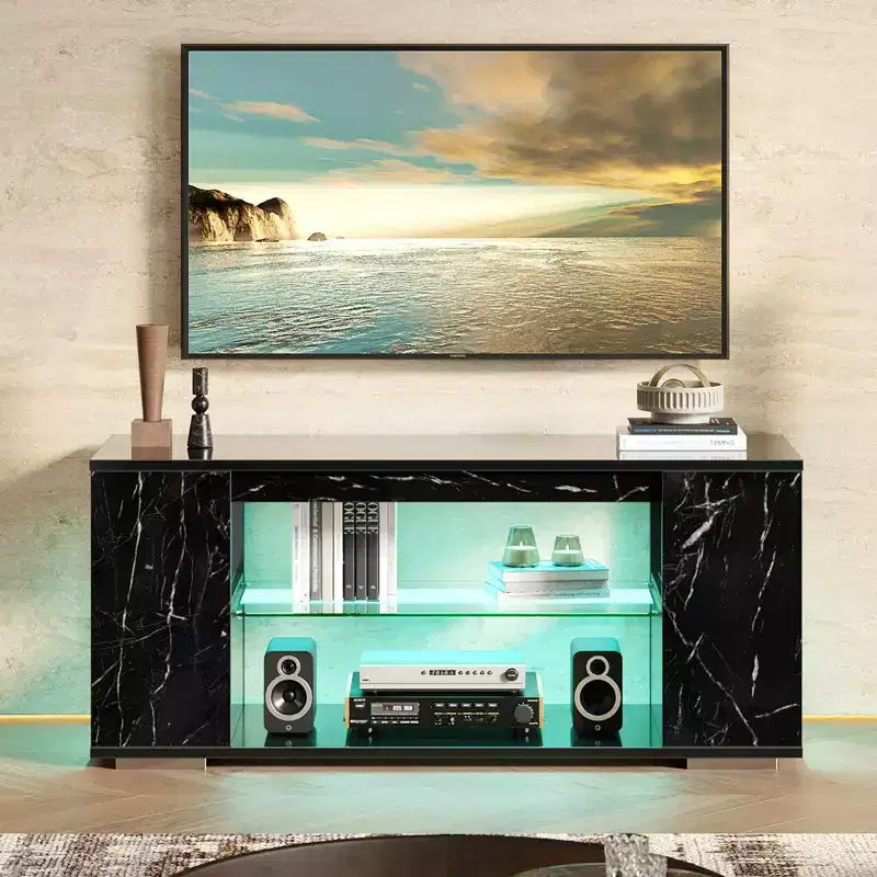 47" High-Gloss TV Stand with LED Lights & Open Storage Shelves - Fits TVs up to 55"