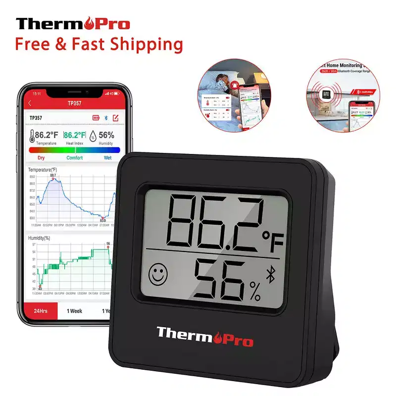ThermoPro TP357W Smart Digital Indoor Thermometer Humidity Monitor of 260FT, Bluetooth Thermometer Hygrometer for iOS and Android