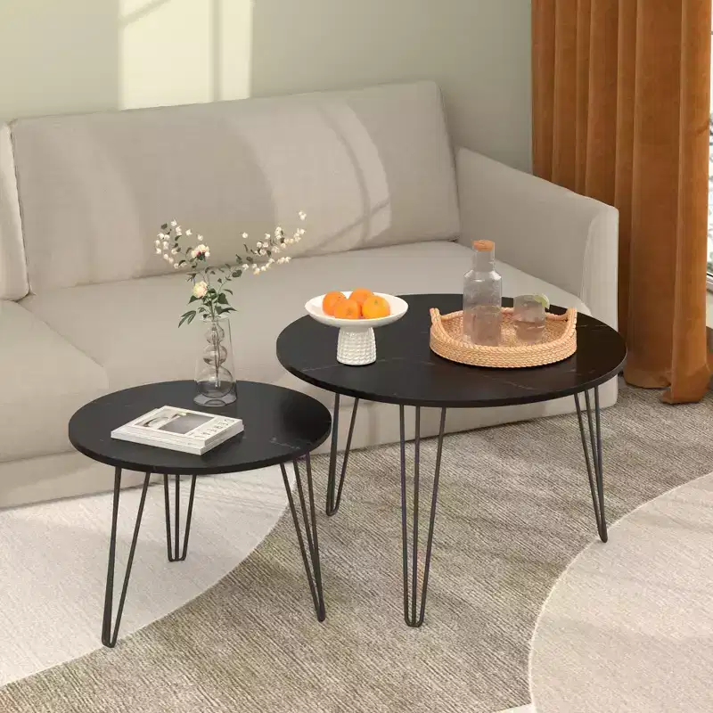 27.56 Round Nesting Accent Table Set of 2, Marble-Look Tops with Sturdy Metal Base, Space-Saving Side Tables for Living Room, Black