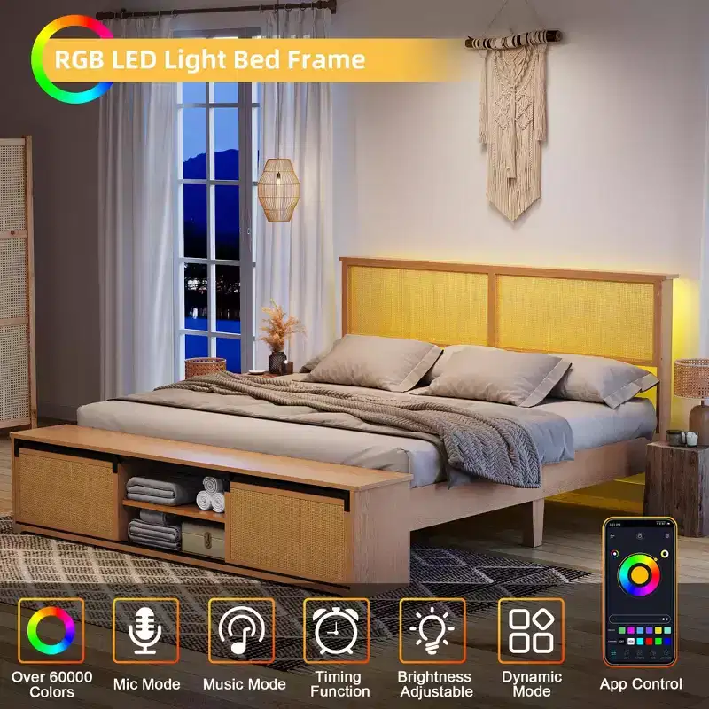 Natural Rattan Platform Bed Frame with Storage Bench and LED Lighting