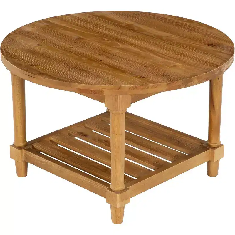 Round 2-Tier Coffee Table, Brown, Solid Wood, 1-Person Use