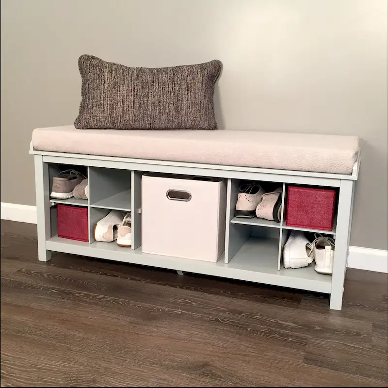 Grey Solid Wood Entryway Storage Bench with Cushion and Shoe Cubbies