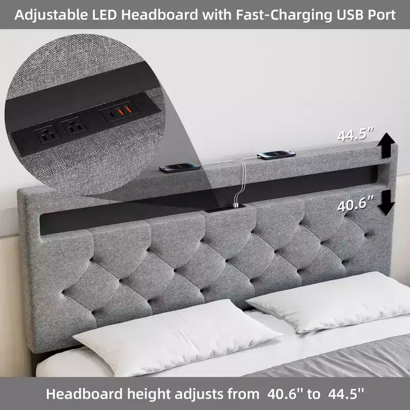 Bed Frame, Adjustable Headboard, Wood Slat Support Bed Frame, Strong Support Slats, No Box Spring Needed, Easy Assembly
