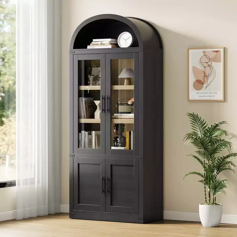 Arched 6-Shelf Bookcase with Glass Doors, Modern Wooden Display Cabinet with Storage Shelves for Books, Dcor and Collectibles