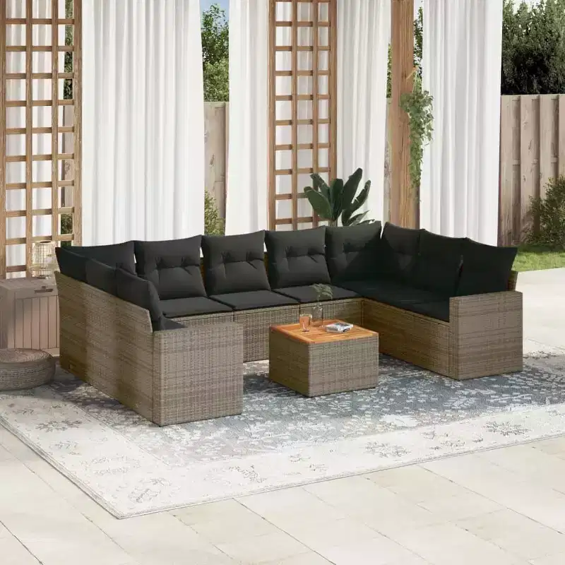 vidaXL 10 Piece Patio Sofa Set with Cushions Gray Poly Rattan - Gray 5x middle + Table + 2x corner