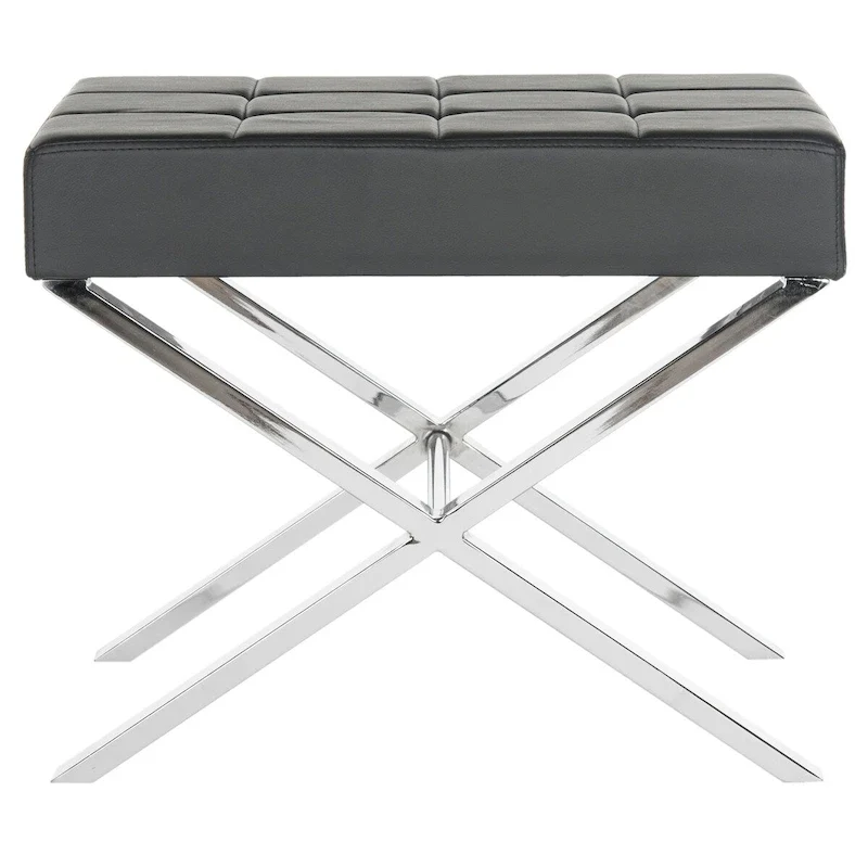 Modern Tufted Leather Ottoman with X-Frame Chrome Base