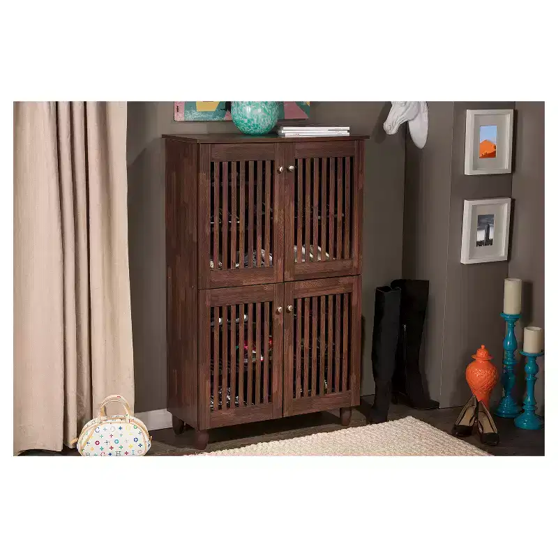 Dark Brown 4-Door Shoe Storage Cabinet 鈥?Up to 18 Pairs