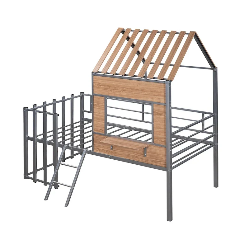 Silver Twin Size Metal House Loft Bed with Roof, Window, Guardrail and Ladder