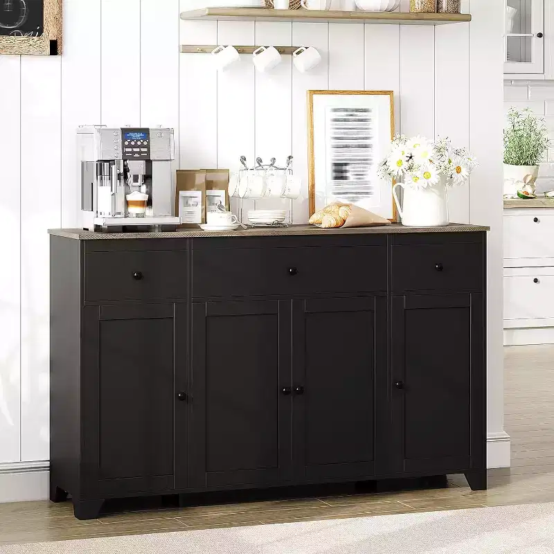 55in Large Sideboard Buffet Cabinet, Modern Wood Kitchen Coffee Bar with 4 Doors, 3 Drawers and Adjustable Shelves for Kitchen Dining Room