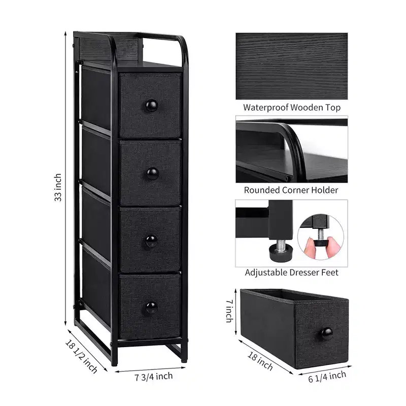 REAHOME 4 Drawer Vertical Steel Frame Storage Organizer Narrow Tower Dresser with Waterproof, Adjustable Feet, and Wall Safety Attachment, Black/Grey