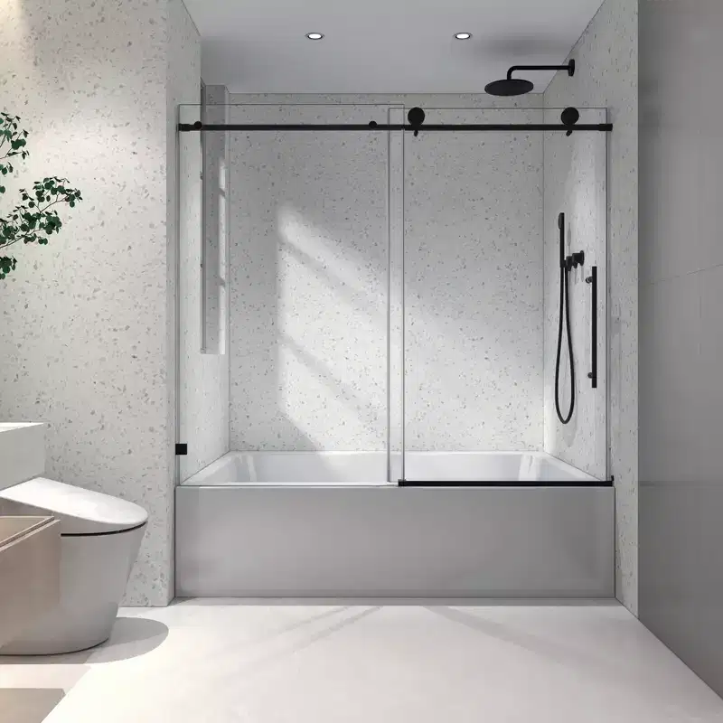 PexFix 63 in.x 60 in. Frameless Single Sliding Shower Door 8mm Tempered Glass With Adjustable Soft Closing Design for Spa Bathroom Clear Matte Black