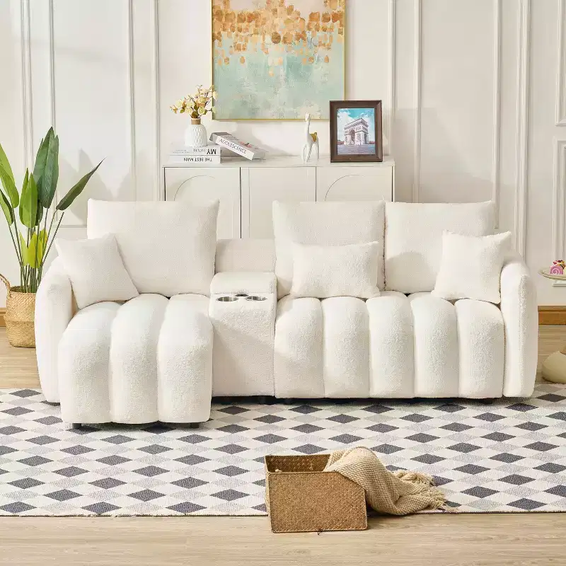92" Teddy Fur Fabric Corner Sofa with Center Console, USB Ports & Coffee Table - White
