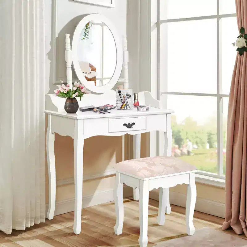 Costway Bathroom Vanity Wood Makeup Dressing Table Stool Set Jewelry Desk W/Drawer &Mirror White