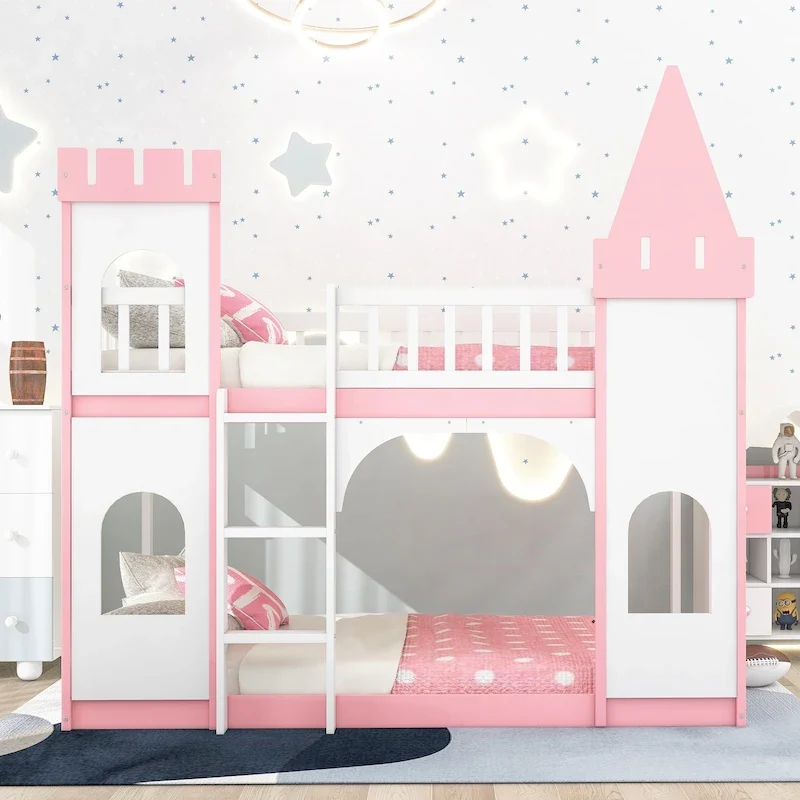 Twin over Twin Solid Pine Castle Bunk Bed with Door, Windows and Guardrails